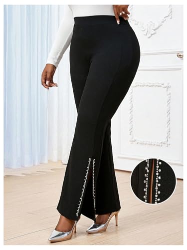 WDIRARA Women's Plus Size Flare Pants High Waisted Rhinestone Split Side Bootcut Trousers4