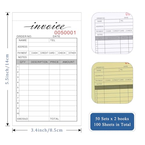 invoice receipt book 34x5534 handheld 2-part carbonless sales invoice book invoice pad with cardboard for small boutique business 50 sets  2 pack