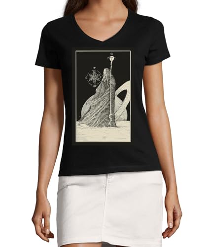 T-shirt en coton col V femme noir The Hermit Tarot motif artistique XL