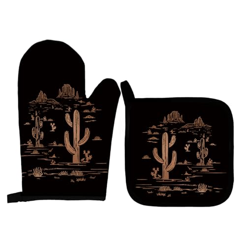 Qeheb Western Desert Black Oven Mitts and Pot Holders Set, Cactus Kitchen Decor, Southwest Western Over Mittens for Kitchen