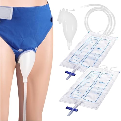 Medical Urinary Collection Bag Holder with Leg Strap Silicone Condom Catheter, 2 Large-Capacity Bags (1000 ml & 2000 ml), 1.2 m Hose, Leak-Proof Comfort Pants for Bedridden or Travel(for Elderly Men)
