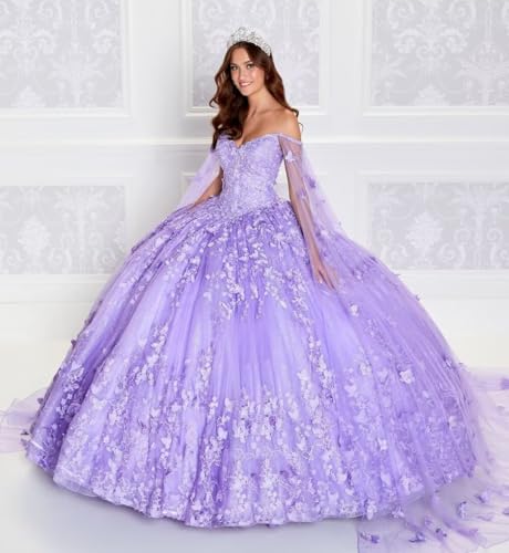 Puffy Glitter Tulle Quinceanera Dresses Elegant Off Shoulder Ball Gowns 3D Butterfly Sweet 15 16 Dresses with Cape3