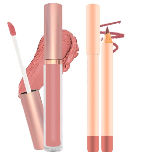 RUICHING Nude Lip Liner and Lipstick Set, Long Lasting Matte Lip Gloss, Pink Natural Waterproof Non-sticky Velvety Lip Stain, Lip Pencil Combo, Makeup Gift for Women