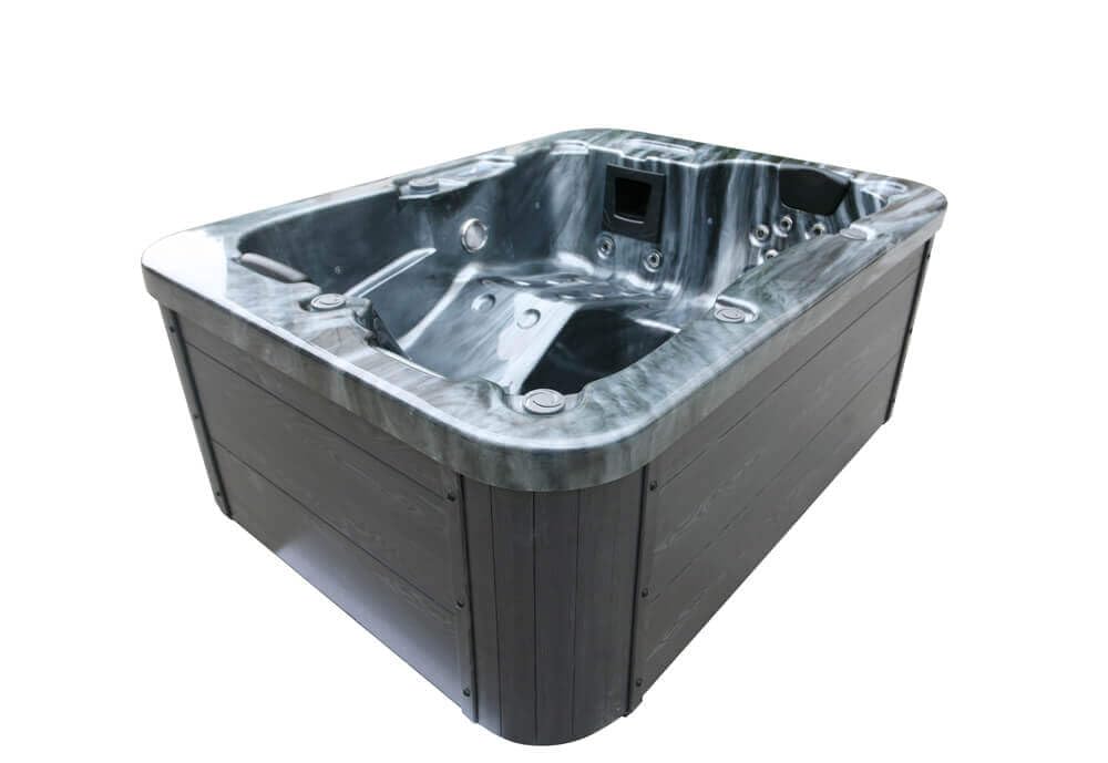 Home Deluxe - Bañera de hidromasaje Exterior - Peldaños y Cubierta térmica de MÁRMOL Negro Plus - Dimensiones 210 x 160 x 85 cm - Incluye calefacción, 27 Jets de Masaje y 9 Fuentes de luz I Bañera de