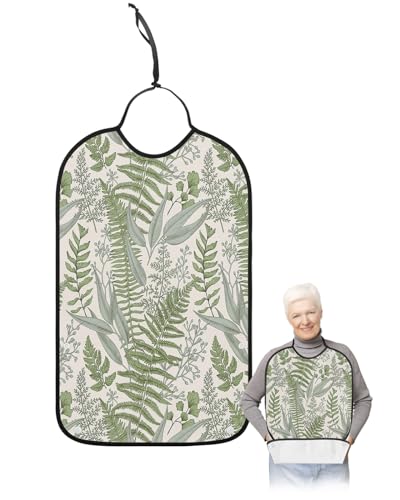 LEOKOTI Pastoral Botanical Adult Bibs for Eating, Waterproof Bibs with Food Catcher & Adjustable Snap Closure, Green Herbs Vintage Washable Clothing Protectors Adult Bibs for Elderly Women/Men