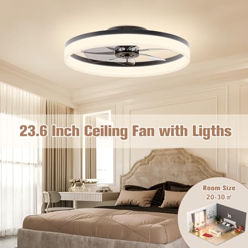 Image of VOLISUN Low Profile Ceiling Fan with Light and Remote, 23.6in Flush Mount, Dimmable LED Fan Light, Bladeless for Bedroom (Black)