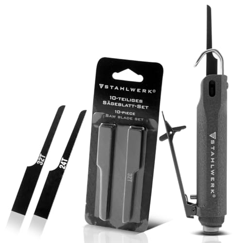 STAHLWERK Druckluftstichsäge bis zu 9.000 Hübe/min Karosseriesäge zum Schneiden von Holz, Metall, Karosserieblechen inkl. 12 Sägeblätter - 7 Jahre Garantie