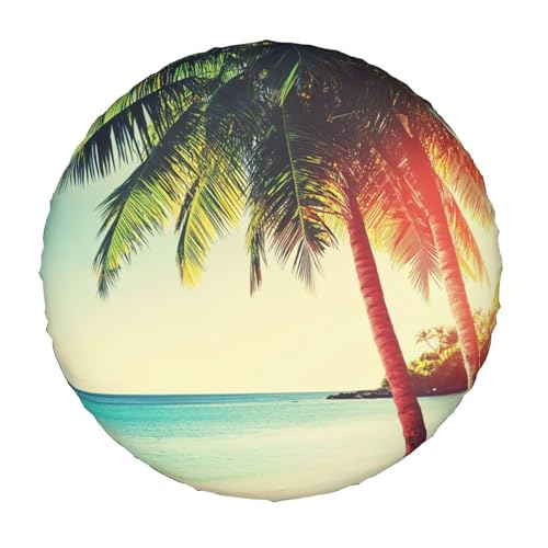 Image of Beach with Palm Trees Spare Tire Cover-Cute Funny Waterproof Universal Spare Wheel Tire Covers Fit for Rv SUV Truck Camper Travel Trailer Accessories,16 inch