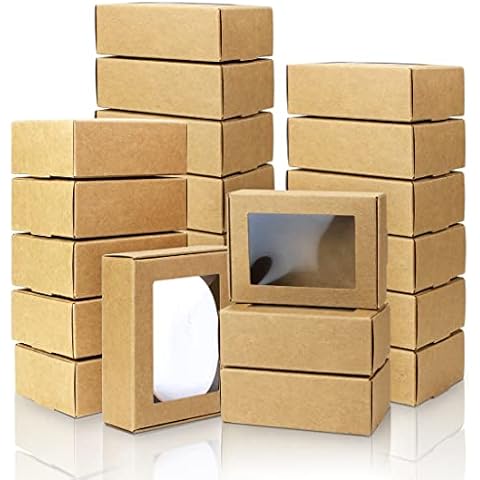 BadenBach 50 Pack Small Rectangle Kraft Paper Boxes with Clear Windows,3.33" x 2.35" x 1.18",Mini Soap Present Treat Gift Box for Bakery Candy,Chocolate Packaging Jewelry Display Wedding Party Favor Cover