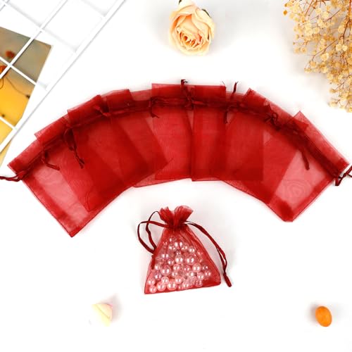 Image of BOEIAC Organza Bags: 50 Mini Mesh Candy Bags - Small Size (4 x 6 inch) for Wedding, Party, Valentine's Day Favor - Burgundy