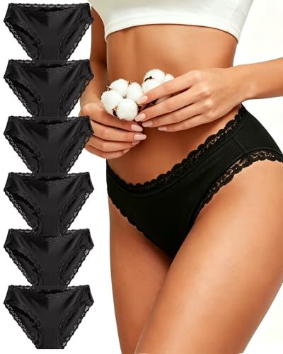 Image of FINETOO Cotton Underwear for Women Sexy Cheeky Lace Bikini Panties Soft Breathable Womens Underwear 6 Pack