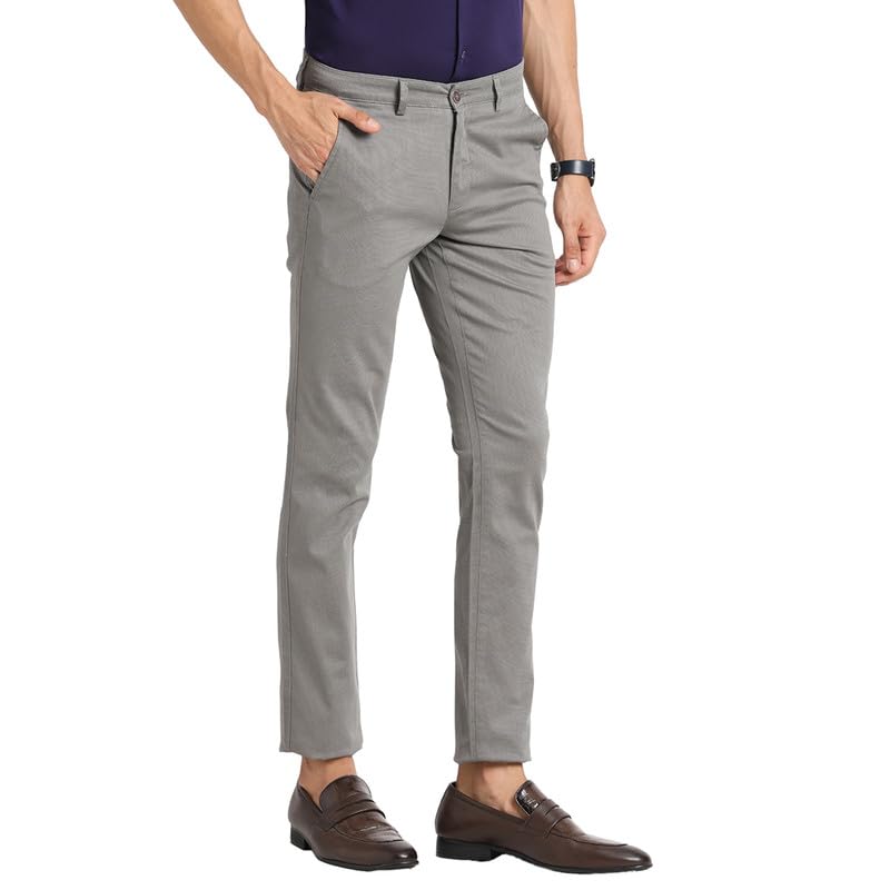 Image of Turtle Men Cotton Stretch Grey Dobby Narrow Fit Flat Front Casual Trouser