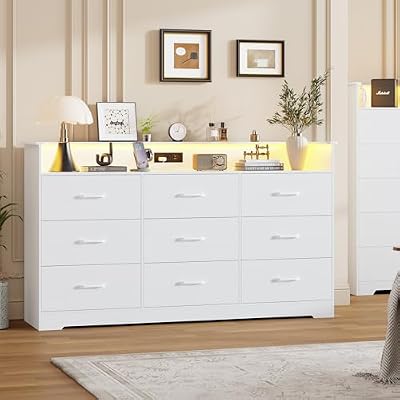 Garvee 9 Drawer Dresser for Bedroom - 65” Wide Chest of Drawers with LED Light and Charging Station, Modern Large TV Stand Cabinet Organizer with Open Shelf for Living Room, Entryway, Hallway, White