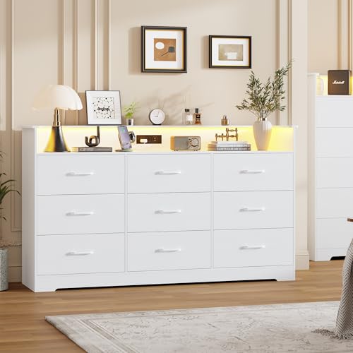 Garvee 9 Drawer Dresser for Bedroom - 65” Wide Chest of Drawers with LED Light and Charging Station, Modern Large TV Stand Cabinet Organizer with Open Shelf for Living Room, Entryway, Hallwa
