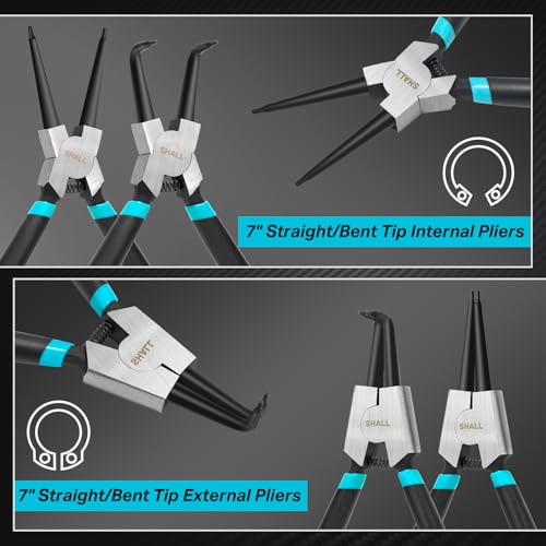 Shall 4 Pcs 7 Inch Professional Circlip Pliers, Straight/Bent Internal & External Snap Ring Pliers (90° Tips) - Image 2