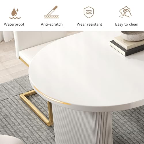 Image of homary Oval Dining Table for 4-6, 63 inch-79 inch Extendable Kitchen Table, Japandi Wooden Dining Room Table with Pedestal Base (White, 63 inch-79 inch (Seats 4-6))
