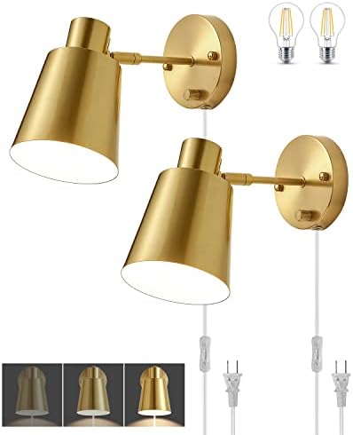 ZitoStory Gold Dimmable Wall Sconce Plug in, Wall Sconces Set of Two Swing Arm Wall Lights with 6FT Plug in Cord and On/Off Dimmer Rotary Switch,for Bedside Bedroom Bathroom(2 Bulbs Included)
