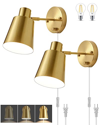 Zitostory Gold Dimmable Wall Sconce Plug In, Wall Sconces Set Of Two Swing Arm Wall Lights With 6Ft Plug In Cord And On/Off Dimmer Rotary Switch,For Bedside Bedroom Bathroom(2 Bulbs Included) #TOP1