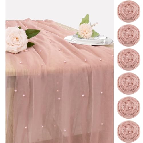 Set of 6 Pearl Table Runner 29 x 120 Inch Dusty Pink Tulle Fabric Lace Table Runners Boho Rustic Table Runners for Bridal Shower Birthday Party Wedding Arch Aisle Veil Dessert Table Decor(Dusty Pink)
