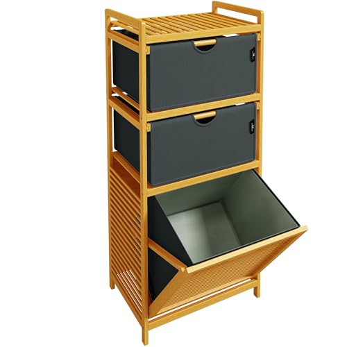 AdelDream Wäschekorb Bambus Wäschekörbe 3 Fächer Wäschesammler für Schmutzwäsche Lagerung für Gegenstände Wäschebox laundry baskets Wäschesortierer grau
