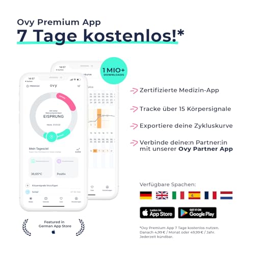 Ovy® Basalthermometer mit EU-zertifizierter Ovy App zur hormonfreien Verhütung und bei Kinderwunsch | Eisprung-Messgerät zur Berechnung fruchtbarer Tage