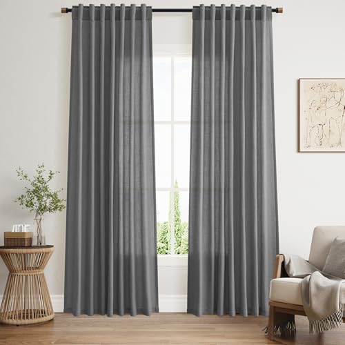 Image of Nanspring Blazer Grey Curtains Linen Blend Light Filtering Back Tab Curtain 84 Inches Long, Semi Sheer Privacy Drapes for Living Room & Bedroom,Simple Style 52x84 inch, 2 Panels