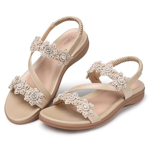 Image of TEMOFON Sandals for Women Flat Dressy Summer Flower Sandals with Ankle Strap Comfortable Casual Walking Flat Sandals Size 5-11