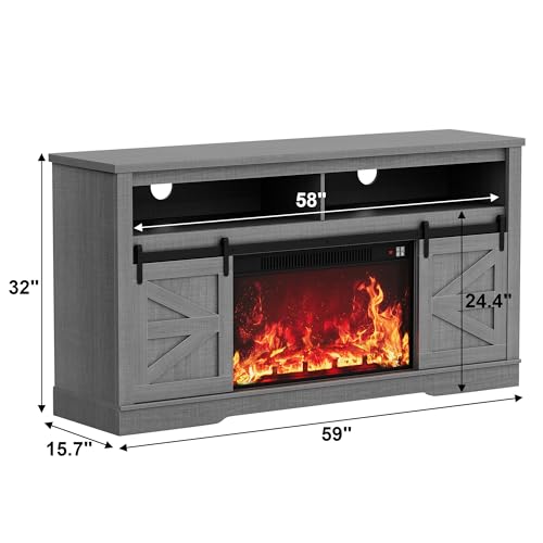 Image of JUMMICO Fireplace TV Stand for 65 Inch TV with 26'' Fireplace (Pale Gray)