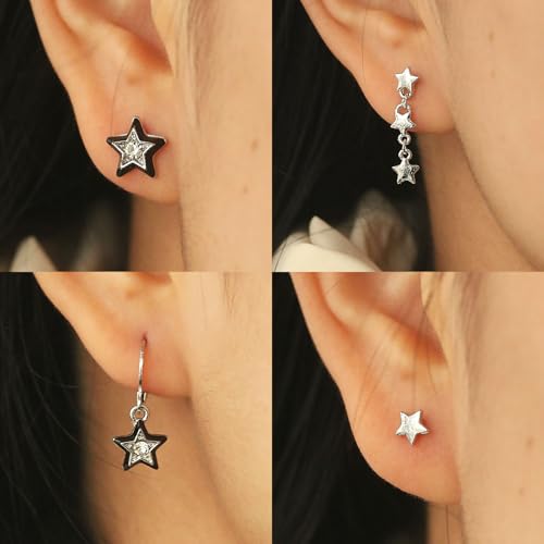 6 Pairs Small Y2K Earrings for Women Simple Vintage Silver Stud Earrings Rhinestone Zircon Cross Star Moon Pin Earrings Set Vintage Cartilage Y2K Stud Earrings Jewelry Set2