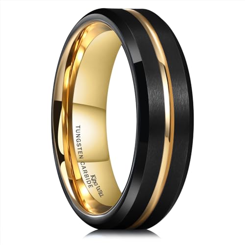 King Will Tungsten Carbide Wedding Band for Men Women-6mm Width in Black with Gold Grooved Center Wedding Ring Matte Finished Suitable for Work, Gym Comfort Fit Size 11