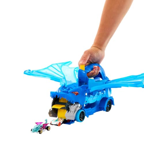 Image of Hot Wheels City Toy Car Track Set, Ultimate 2-in-1 Dragon Transporter and 2 Die-Cast Cars, Large Dragon and Removable Dragon with Space for More Than 20 Vehicles, JKJ79
