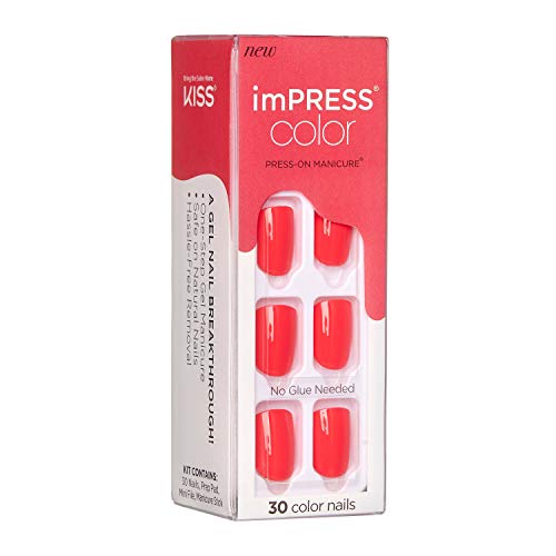 Kiss Impress Color Press-On Manicure, Gel Nail Kit, Purefit Technology, Short Length, “Corally Crazy”, Polish-Free Solid Color Mani, Includes Prep Pad, Mini File, Cuticle Stick, And 30 Fake Nails #TOP3