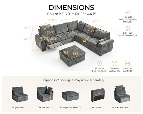 Image of Oversized Modular Sectional Sofa with Power Recliner, Plush Cloud Couch with Headrest, Convertible Deep L-Shaped 6 Seater with Corner and Storage Ottoman, Chenille, Grey