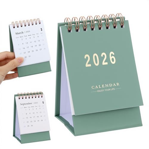 Tyqour Mini Desk Calendar 2025-2026 Small Desk Calendar Oct 2025 to Dec 2026 Desktop Calendar for School, Home and Office Supplies (Green)