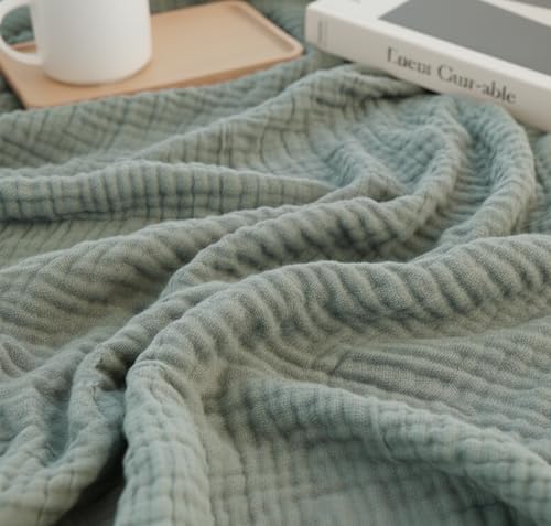 KyraHome 100% Organic Cotton Throw Blankets 60x80 Pre-Washed Plant Dyed Lightweight Gauze Soft Muslin Blankets Adults Picnic Travel Summer All Season Sage Green