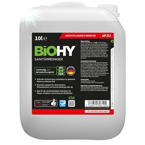 BiOHY Sanitärreiniger (10 Liter Kanister) | Bio Kalklöser Konzentrat für den Sanitärbereich | EXTRA STARKER Badreiniger gegen Urin | befreit Dusche & WC von Kalk & Schmutz | frischer Erdbeer-Duft