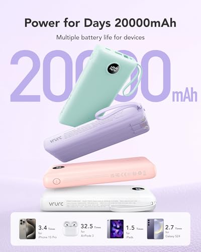 VRURC Powerbank 22.5W Schnelles Aufladen, 20000mAh Power Bank mit Kabel Tragbares Ladegerät USB C LED Display Externer Handyakkus Smartphone Kompatibel mit iPhone, Huawei, Samsung usw - Lila 4