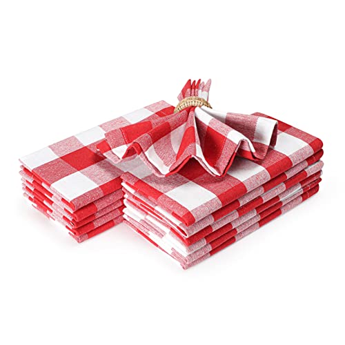 Farmhouse Cloth Napkin Set Of 12 100% Cotton Dinner Napkin Gingham Plaid Check Fabric Mitered Corners & Generous Hem Size 18"X 18" Color Red/White #TOP1
