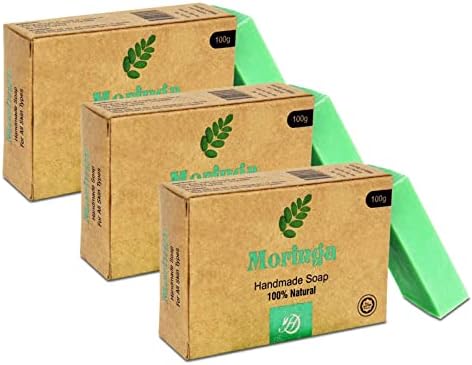 HERBOGANIC Moringa Handmade Soap – Natural Moisturizing, and Eco-Friendly Soap for Skincare, Bath and Body Care Gentle Moringa Bar Soap for Dry Skin(100g) Pack of 3