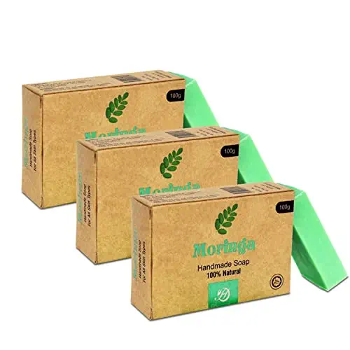 HERBOGANIC Moringa Handmade Soap – Natural Moisturizing, and Eco-Friendly Soap for Skincare, Bath and Body Care Gentle Moringa Bar Soap for Dry Skin(100g) Pack of 3