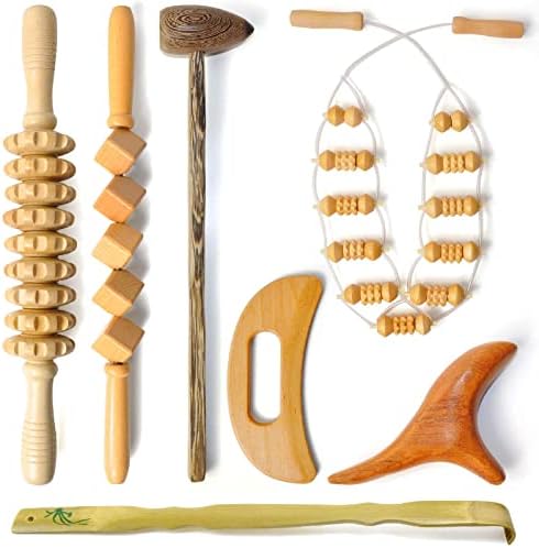 Wooden Massage Tools Set for Body Shaping,7 Pieces Wood Therapy Kit Anti Cellulite Lymphatic Drainage Massager incorporate Pull-Back Roller, Wooden 9-Wheel, Gua Sha etc.for Muscle Pain Relief