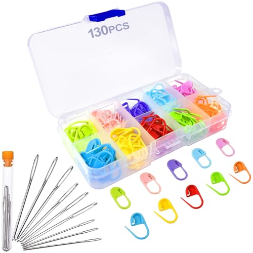 Redamancy 130 Stück Maschenmarkierer, Häkel-Maschenmarkierer Set,10 Farben Häkelklammern, 9 Stück Nähnadeln mit großem Öhr, Häkel Zubehör mit Aufbewahrungsbox, Strickmarker für Stricken, Häkeln, Nähen