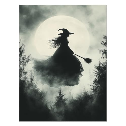 Tableau sur toile sorcière et pleine lune en forêt décoration murale 40x60cm