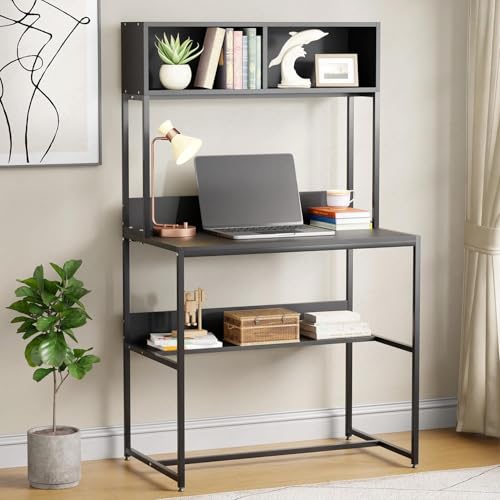 Image of Lukzer Study Table with Open Bookshelf | Engineered Wood with Metal Frame Desk | Modern & Space Saving Computer Workstation with Hutch for Home & Office (MST-010 /Black & Black /143x83x50 cm)