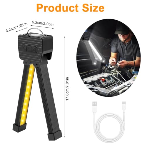 Image of STHIRA Magnetic Folding LED Work Light Bar, 1200mAh USB Rechargeable Portable Repair Light with Red Yellow Warn Light, 4 Lighting Modes & 7 Brightness Levels, Hands-Free Lamp for Garage, Car, Camping