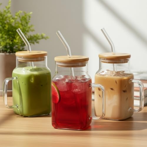 Image of ginoya brothers 600ml Mason Jar with Natural Bamboo Lid, Reusable Glass Straw & Handle | Leak-Proof Silicone Seal Glass Cup for Hot & Cold Beverages (PACK OF 3)