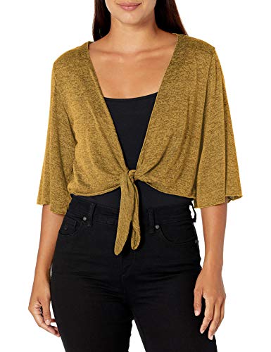 Star Vixen Women's Petite Stretch Hacci Knit Tie-Front Shrug Sweater, Mustard/Black, P-Large