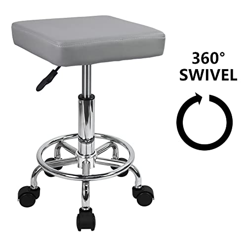 KKTONER Square Rolling Stool with Foot Rest PU Leather Height Adjustable Spa Drafting Salon Tattoo Work Swivel Stools Task Chair Small (Gray) - Thumbnail 4