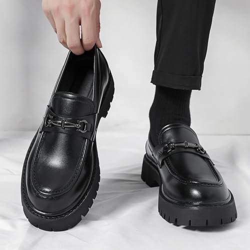 Image of Mens Patent Leather Slip-On Platform Dress Horsebit Loafer Low Heels Round Toe Non-Slip Penny Shoes for Formal Business Wedding