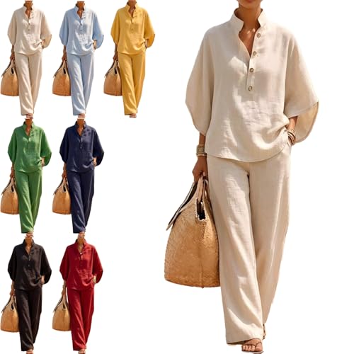 2026 New Women's Batwing Sleeve Linen Cotton Two-Piece Set, Casual Shirt & Wide Leg Pants Outfit (Beige,M)